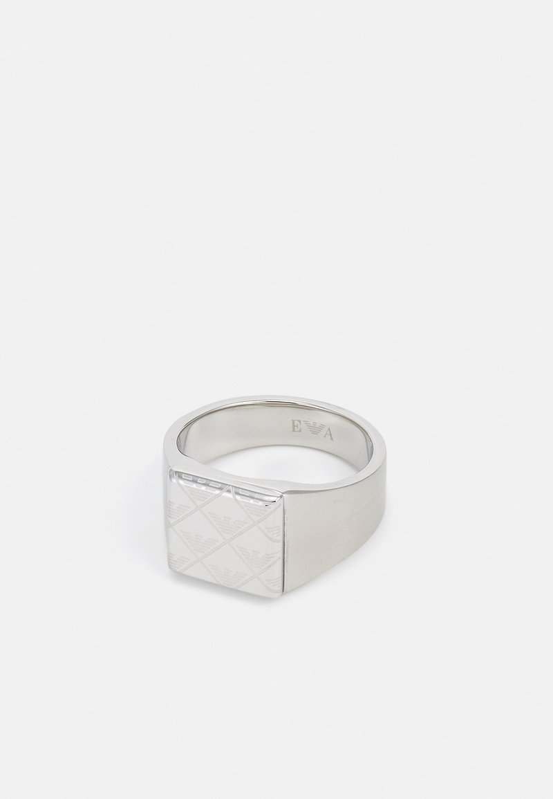 Silver ring with a squared top featuring a diamond pattern and engraved logo. Smooth band with a polished finish.