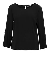 Czarna bluzka z długim rękawem, okrągłym dekoltem i wycięciem w kształcie klucza z tyłu. Gładka faktura i subtelne boczne rozcięcia przy zakończeniach rękawów.