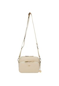 Borsa a tracolla beige in pelle testurizzata, con due scomparti con zip, dettagli in oro e tracolla regolabile.