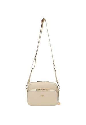 Béžová crossbody taška z texturované kůže, která má dva zipové oddíly, zlaté kovové doplňky a nastavitelný popruh.