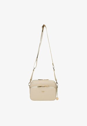 Borsa a tracolla beige in pelle testurizzata, con due scomparti con zip, dettagli in oro e tracolla regolabile.