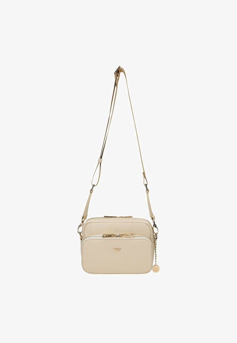 Borsa a tracolla beige in pelle testurizzata, con due scomparti con zip, dettagli in oro e tracolla regolabile.