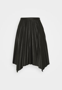 Jupe plissée noire avec une taille haute, présentant une texture élégante et un ourlet asymétrique pour un intérêt visuel supplémentaire.
