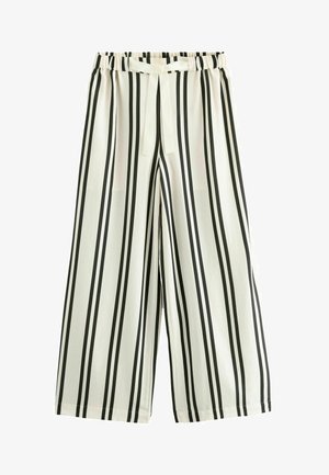 Pantaloni largi dintr-un material ușor, cu un model vertical în dungi alb-negru. Au un talie elastică și un detaliu cu fundă.