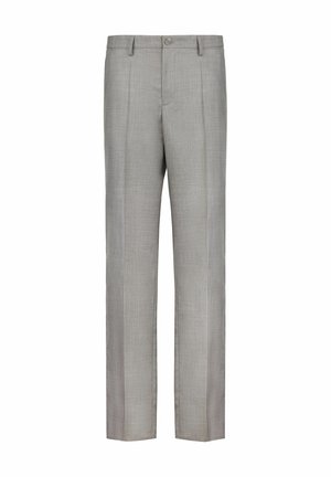 Lysegrå formelle bukser med forreste læg, bæltestropper og knaplukning, vist mod en hvid baggrund.