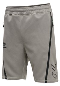 Grå atletikshorts med elastisk talje, sorte lodrette striber på siderne, lynlåslommer og sort hummel-logo samt chevrons på venstre ben.