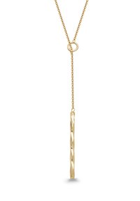 Złota naszyjnik z zawieszką w formie skręconego pręta, zawieszony na delikatnym łańcuszku i okrągłej pętli, na jednolitym białym tle.