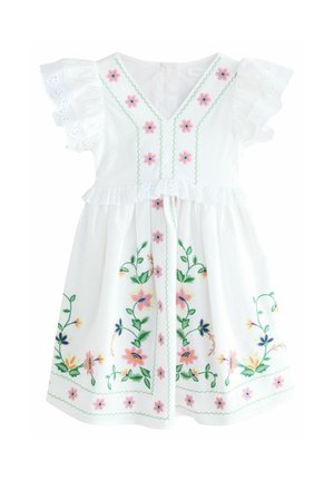 Witte korte mouwen jurk met gerafelde mouwen, V-hals en meerkleurige bloemenborduursels langs het lijfje, de taille en de zoom van de rok.