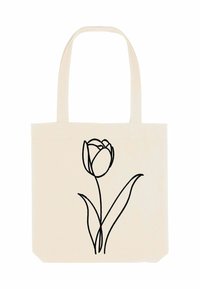 Borsa tote beige con manici lunghi, caratterizzata da un semplice disegno a linea nera di un singolo fiore di tulipano con due foglie.