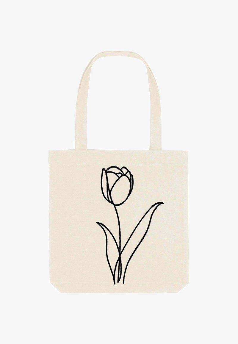 Beige tas met lange hengsels, versierd met een eenvoudige zwarte lijntekening van een enkele tulp met twee bladeren.