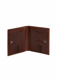 Bruine leren portemonnee, met een bi-fold ontwerp, de binnenkant beschikt over meerdere kaartsleuven en een doorzichtige ID-zak, een gladde textuur met contrasterende stikdetails.