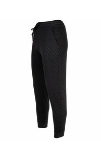 Zwarte tapered sweatpants met een subtiel diamantpatroon, elastische tailleband met trekkoord en zijzakken. Zachte stoftextuur.