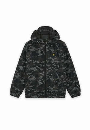Sort og gråt digitalt camouflage hættejakke med lynlås foran og lille gult logo på brystet.