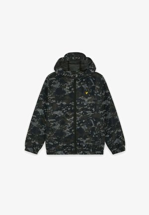Sort og gråt digitalt camouflage hættejakke med lynlås foran og lille gult logo på brystet.