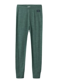Groene lange katoenmix leggings met een elastische tailleband en een klein zwart "P.O.P" label op de bovenste linkerkant van de voorkant.
