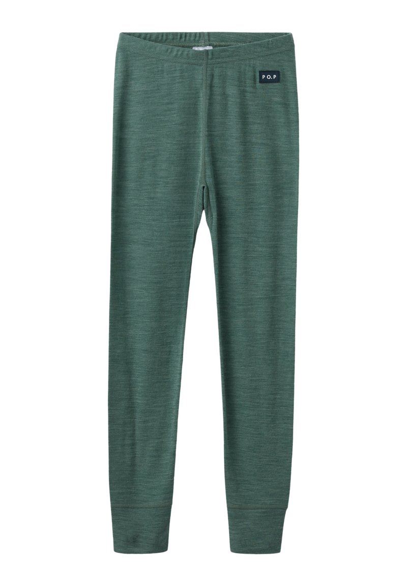 Groene lange katoenmix leggings met een elastische tailleband en een klein zwart "P.O.P" label op de bovenste linkerkant van de voorkant.