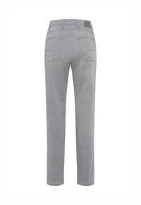 Grå denim bukser med lige snit, to baglommer og en subtil tekstur. Har et mærke på taljen. Ren kantfinish.
