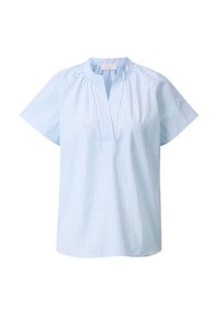 Camicia azzurro chiaro con righe bianche verticali, maniche corte, colletto alla coreana e mezza abbottonatura. Realizzata in un tessuto liscio.