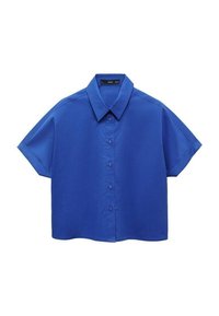 Short-sleeve button-up shirt in vibrant blue. Made of smooth fabric with a crisp collar and loose fit. Features front buttons and a straight hem.