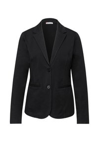 Veste noire sur mesure à manches longues, avec deux boutons sur le devant, revers crantés et deux poches frontales horizontales.