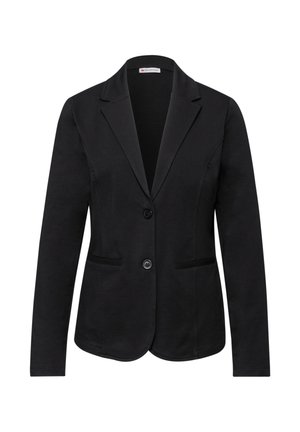 Musta räätälöity puku-bleiseri, jossa pitkät hihat, kaksi etunappia, kapeat kaulukset ja kaksi vaakasuuntaista etutaskua.