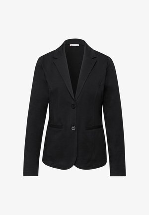 Blazer nero su misura con maniche lunghe, due bottoni frontali, rever a incavo e due tasche orizzontali frontali.