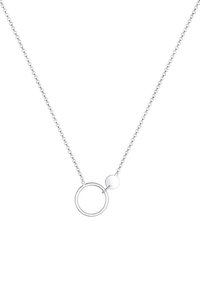 Silver necklace featuring a chain with a circular pendant and a smaller round accent, smooth texture, minimal design, and polished finish.