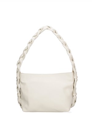 Off-white rectangular handbag with smooth surface and thick braided shoulder strap, shown against a white background.