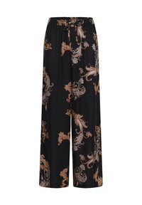 Zwarte wijde broek met bruine en beige paisleypatronen en een koordtaille.