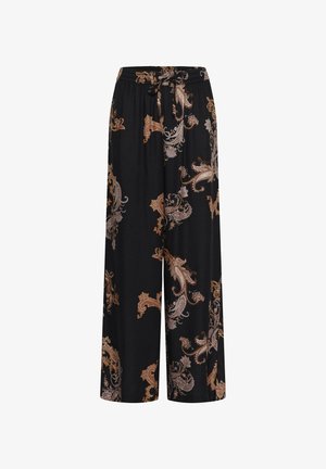 Pantalons larges noirs avec des motifs paisley marron et beige et une taille à cordon.