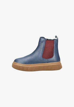 Blaue Leder-Stiefeletten mit kastanienbraunen elastischen Seitenteilen und einer dicken, strukturierten Gummisohle. Mit einer Zuglasche hinten für einfaches Anziehen.