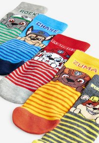 Cinq chaussettes colorées pour enfants avec les personnages de Paw Patrol : Rocky, Chase, Marshall, Zuma et Rubble, chacune avec des motifs rayés et une étiquette avec le nom.
