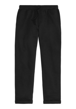 Black sweatpants made of soft fabric with an elastic waistband, drawstring, and side pockets; tapered legs with cuffs at the ankles.