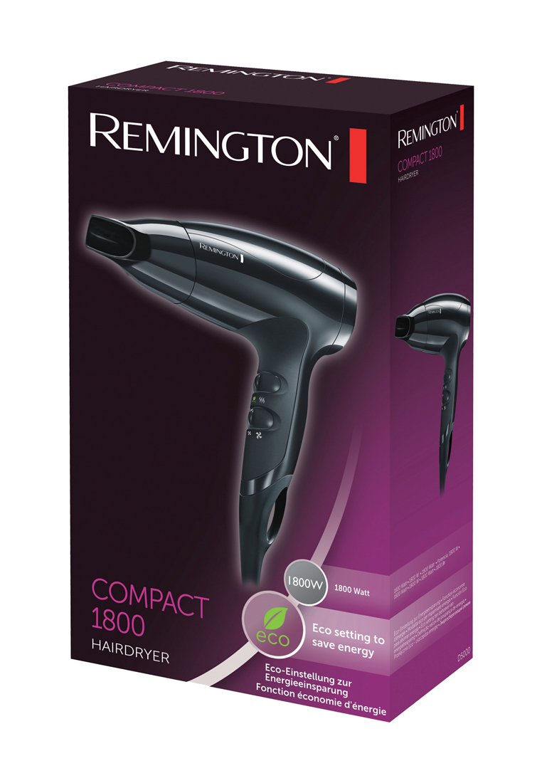 Czarny suszarka do włosów Remington Compact 1800W na fioletowym pudełku z widoczną etykietą ustawienia ekologicznego oraz przyciskami sterującymi zasilaniem.