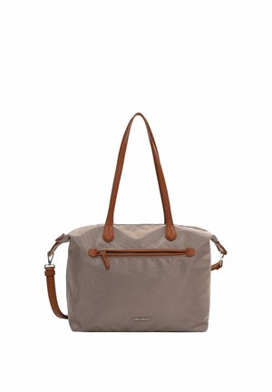 Taupe rectangular handbag with brown leather handles, detachable shoulder strap, front zip pocket, and silver logo plate on front center.