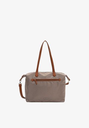 Sac à main rectangulaire taupe avec poignées en cuir marron, bandoulière amovible, poche avant zippée et plaque logo argentée au centre avant.