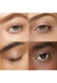 Fyra närbilder av ögon med naturlig, neutralt tonad makeup på olika hudtoner, som visar detaljer av ögonlock och ögonbryn.