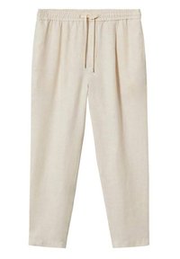 Beige linnen broeken met een elastische tailleband, verstelbaar trekkoord en taps toelopende benen. Zachte textuur met een relaxte pasvorm.