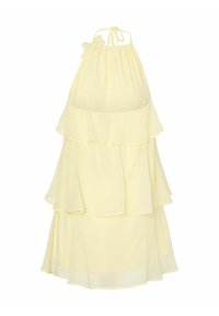 Abito estivo in chiffon giallo con collo all'americana, volant sovrapposti e una silhouette fluida. Tessuto leggero e arioso con una texture morbida.