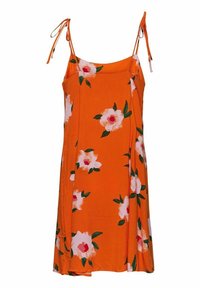 Orange slip dress with floral pattern, featuring adjustable spaghetti straps and a relaxed fit. Smooth fabric with a lightweight texture.