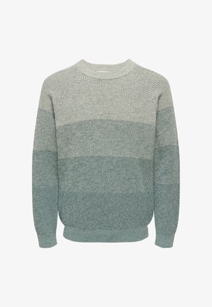 Pullover de malha com gola arredondada e mangas longas, apresentando um padrão gradiente que vai do cinza claro na parte de cima ao verde-azulado na parte de baixo.