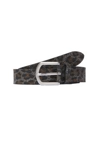 Ceinture à motif léopard en matériau texturé, dotée d'une boucle en métal argenté et d'une extrémité effilée pour l'ajustement.