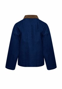 Tamno plava jakna s smešnim kordovima, dugim rukavima i blago teksturiranom površinom tkanine, dizajnirana za opušteni kroj.