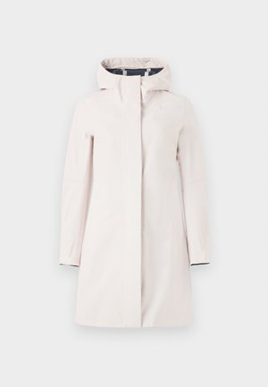Imperméable rose clair avec une capuche, au design épuré, à manches longues et avec une fermeture éclair à l'avant. Présente un logo discret et des accents de manche sombres.