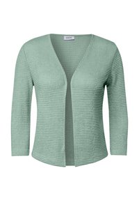 Cardigan vert clair avec un motif de tricot texturé, design à devant ouvert et manches trois-quarts. Sans fermetures, coupe décontractée.