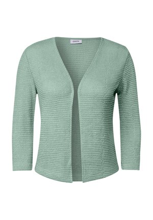 Ljusgrön cardigan med en texturerad stickad mönster, öppen framdesign och trekvartslånga ärmar. Inga knäppningar; vardaglig passform.