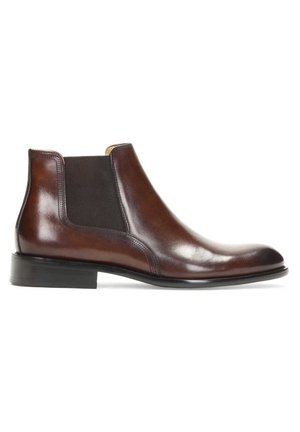 Brown leather ankle boot with elastic side panels, a smooth finish, stitched detailing, and a low rectangular heel.