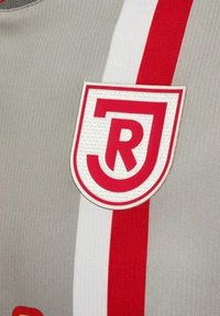 Graues Sporttrikot mit einem roten und weißen Streifen sowie einem rund gestickten Logo mit einem stilisierten roten "R" vor einem strukturierten Hintergrund.