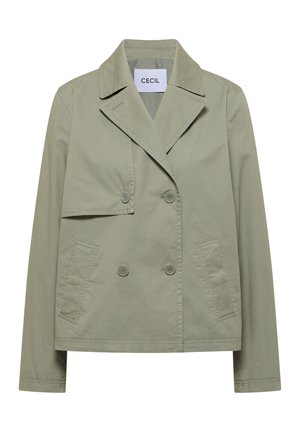 Veste double boutonnage kaki clair avec larges revers, deux poches avant, et manches longues, étiquetée "CECIL" à l'intérieur du col.