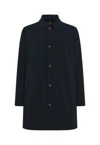 Cappotto navy con colletto, maniche lunghe e tasche frontali. Presenta cinque bottoni e una texture del tessuto liscia e opaca.